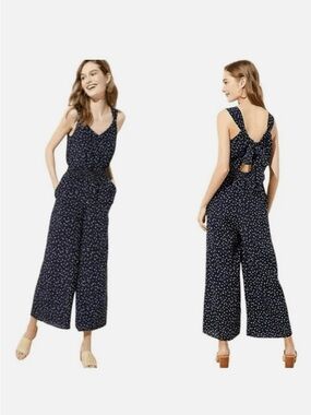 LOFT Polka Dot Smocked Wide Leg Jumpsuit Navy Size 4